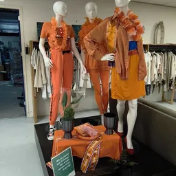 Etalage met drie mannequins in oranje en bruine kledingstukken, ondersteund door decoratieve elementen