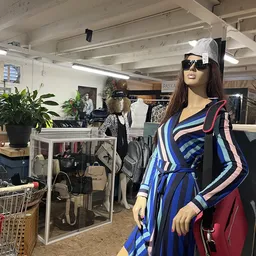 Etalagepop in blauwe gestreepte jurk met rode tas in kringloopwinkel, omgeven door rekken met kleding