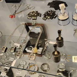 Uitgestalde sieraden, accessoires en decoratieve items op een grijs oppervlak, waaronder ringen, kettingen, oorbellen en ande