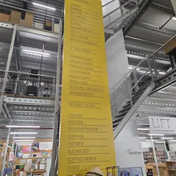 Geel bord met categorieën tweedehands goederen in een kringloopwinkel