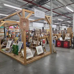 Winkelvloer met houten display-structuur vol kunstwerken, prints en schilderijen. Op de achtergrond meer stellingen met kunst