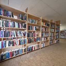 Houten boekenkasten met boeken in een kringloopwinkel