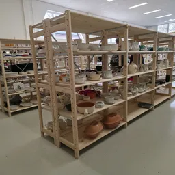 Houten stellingen met diverse huishoudelijke artikelen, servies en keramiek in een kringloopwinkel