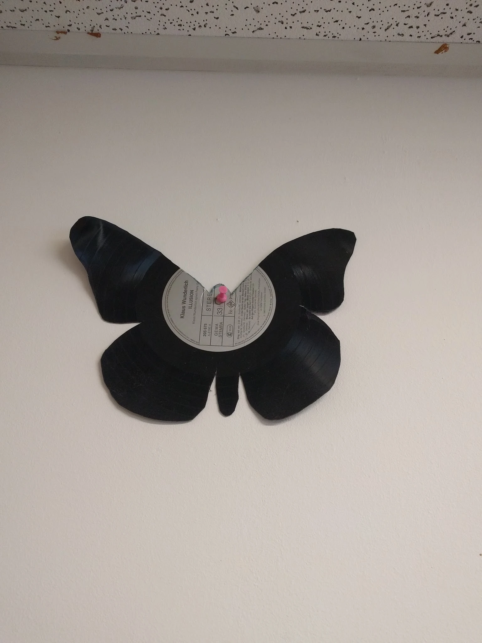 Zwarte vinylplaat gevormd als vlinder met labelzijde zichtbaar