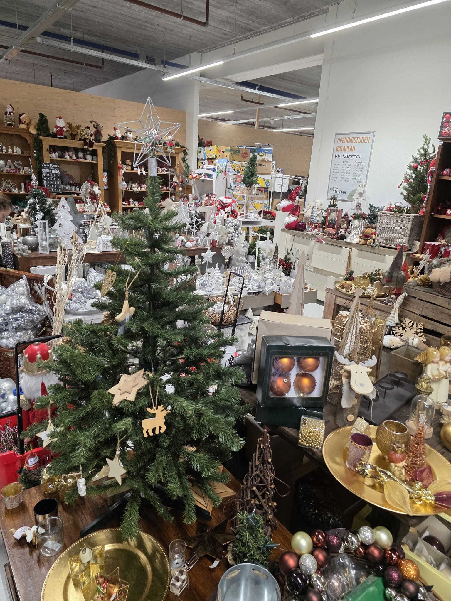 Kringloopwinkelinterieur met kerstdecoratie, kunstkerstbomen met versieringen en diverse spullen op stellingen