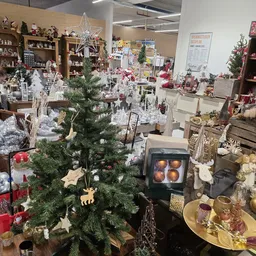 Kringloopwinkelinterieur met kerstdecoratie, kunstkerstbomen met versieringen en diverse spullen op stellingen