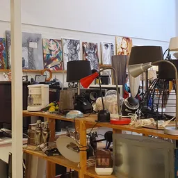 Rommelige winkelhoek met diverse gebruikte spullen, lampen, boeken en huishoudelijke artikelen op houten tafels en stellingen