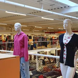 Winkelvloer met kledingrekken en twee etalagepoppen in verschillende outfits
