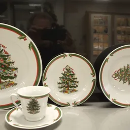 Kerstservies met kerstboomdecoratie: borden in verschillende maten, kopje en schotel met groene rand.
