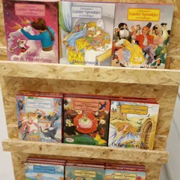 Houten stellage met kinderboeken, waaronder titels in het Nederlands zoals 'Doornroos' en 'De Betoverde Prinses'