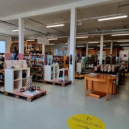 Overzicht van de winkelvloer met stellingen, toonkasten en verschillende afdelingen in een kringloopwinkel