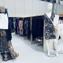 Rekken met tweedehands kleding in verschillende kleuren en stijlen, met een etalagepop in een zwart-wit dierenprint jasje