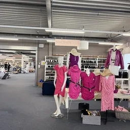 Uitgestalde dameskleding in roze en paarse tinten op mannequins en kledingrekken in de winkel