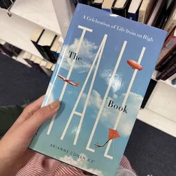 Close-up van het boek 'The Tall Book' met blauwe omslag en rode vliegers, gehouden in een hand