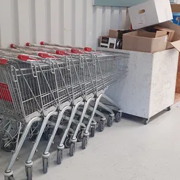 Winkelwagentjes met rode handgrepen opgesteld in een rij tegen de wand van de winkel
