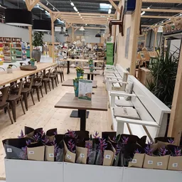 Winkelinterieur met tafels, stoelen, bloemen in dozen en stellingen met spullen op de achtergrond