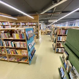 Boekenrekken met veel tweedehands boeken in een schoon, verlicht winkelinterieur