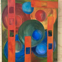 Abstract schilderij met geometrische vormen in rode, blauwe, groene en oranje kleuren