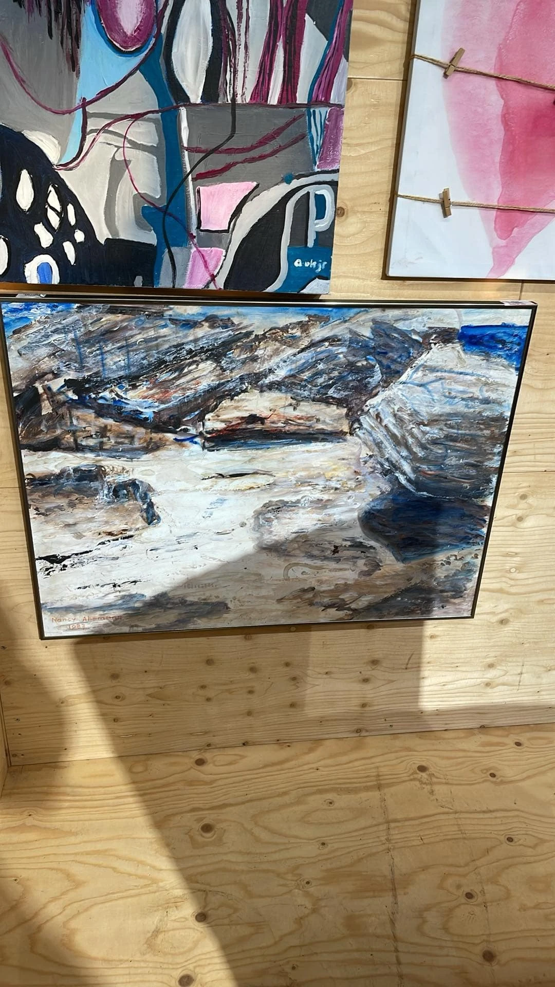 Ingelijste kunstfoto of schilderij met abstract landschap in blauwe en bruine tinten