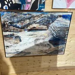 Ingelijste kunstfoto of schilderij met abstract landschap in blauwe en bruine tinten