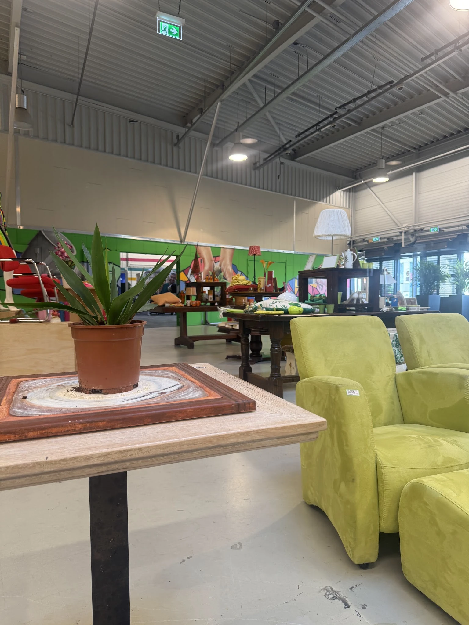 Winkelvloer met groene fauteuils op de voorgrond, potplant op tafel, en uitgestalde spullen in de achtergrond onder groene mu