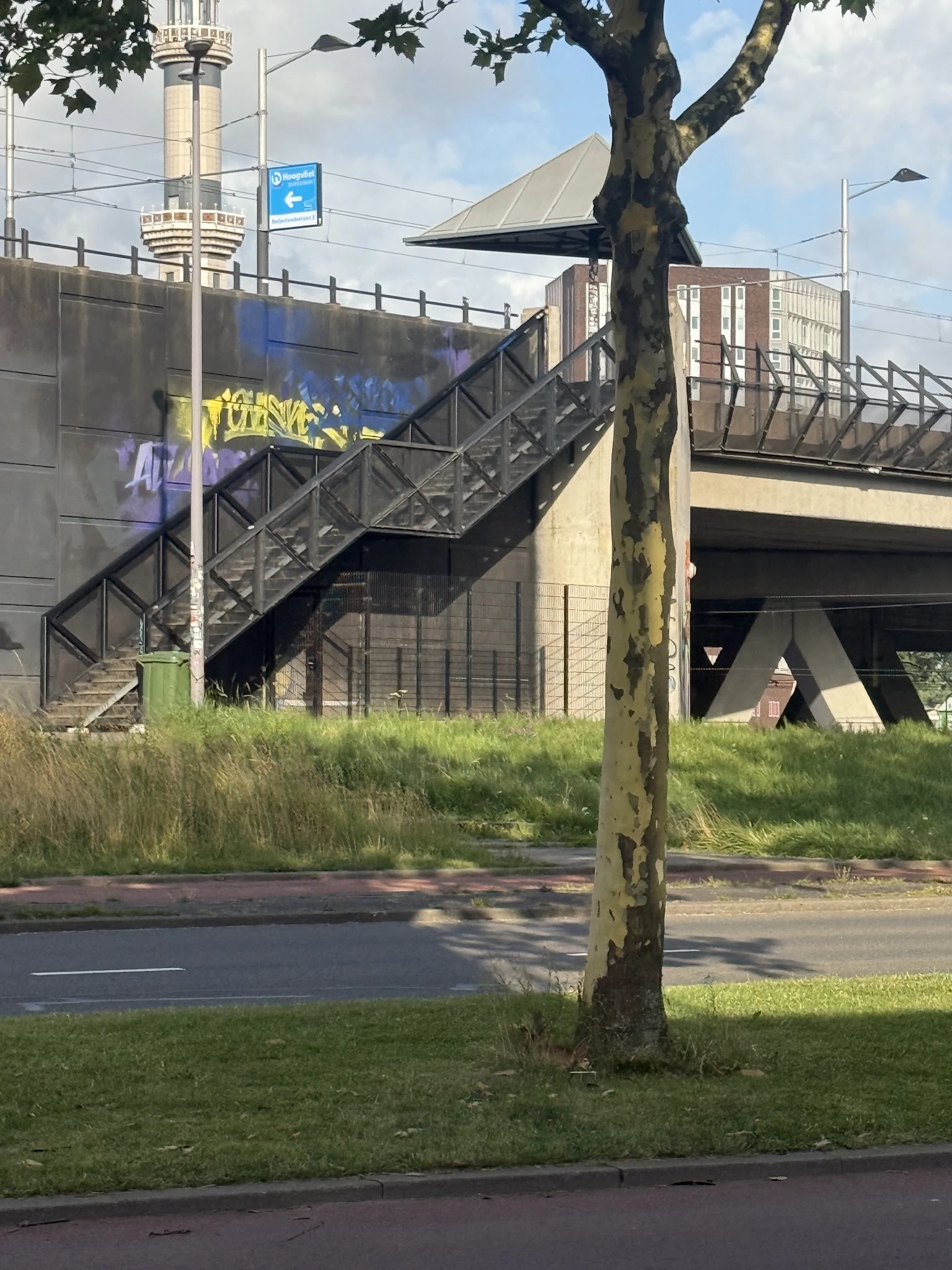 Exterieur van gebouw met metalen trap en groen overwoekerd terrein ernaast