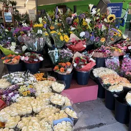 Uitgestalde verse bloemen in verschillende kleuren en soorten op een bloemmarkt