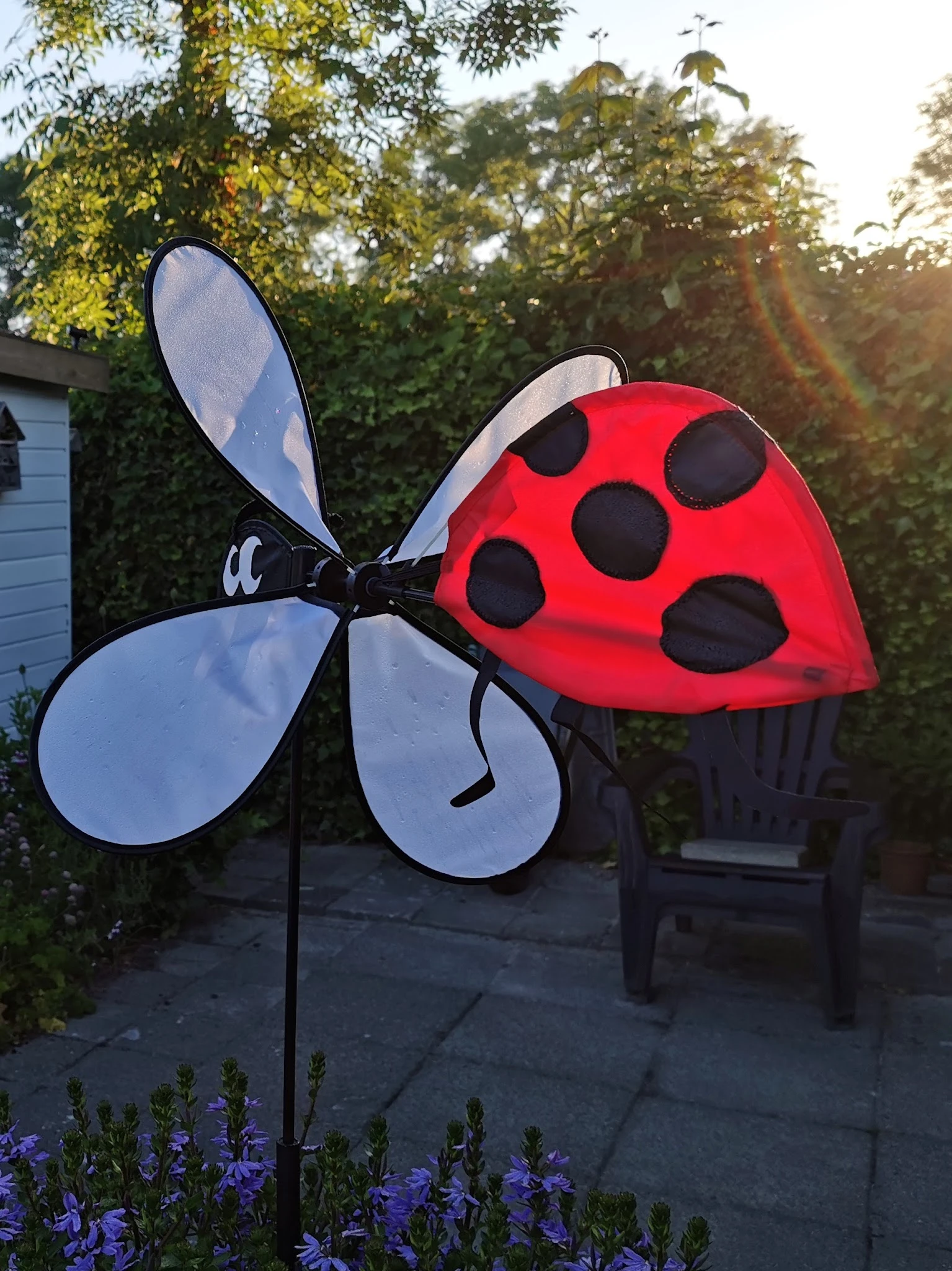 Decoratief tuinspeelgoed: rode lieveheersbeestje met zwarte stippen en blauwe windmotor