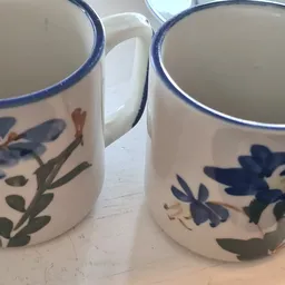 Twee witte aardewerken mokken met blauwe rand en bloemendecoratie