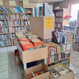 Binnenaanzicht van kringloopwinkel met boekenkasten, stellingen vol boeken en kartonnen dozen met boeken op de vloer