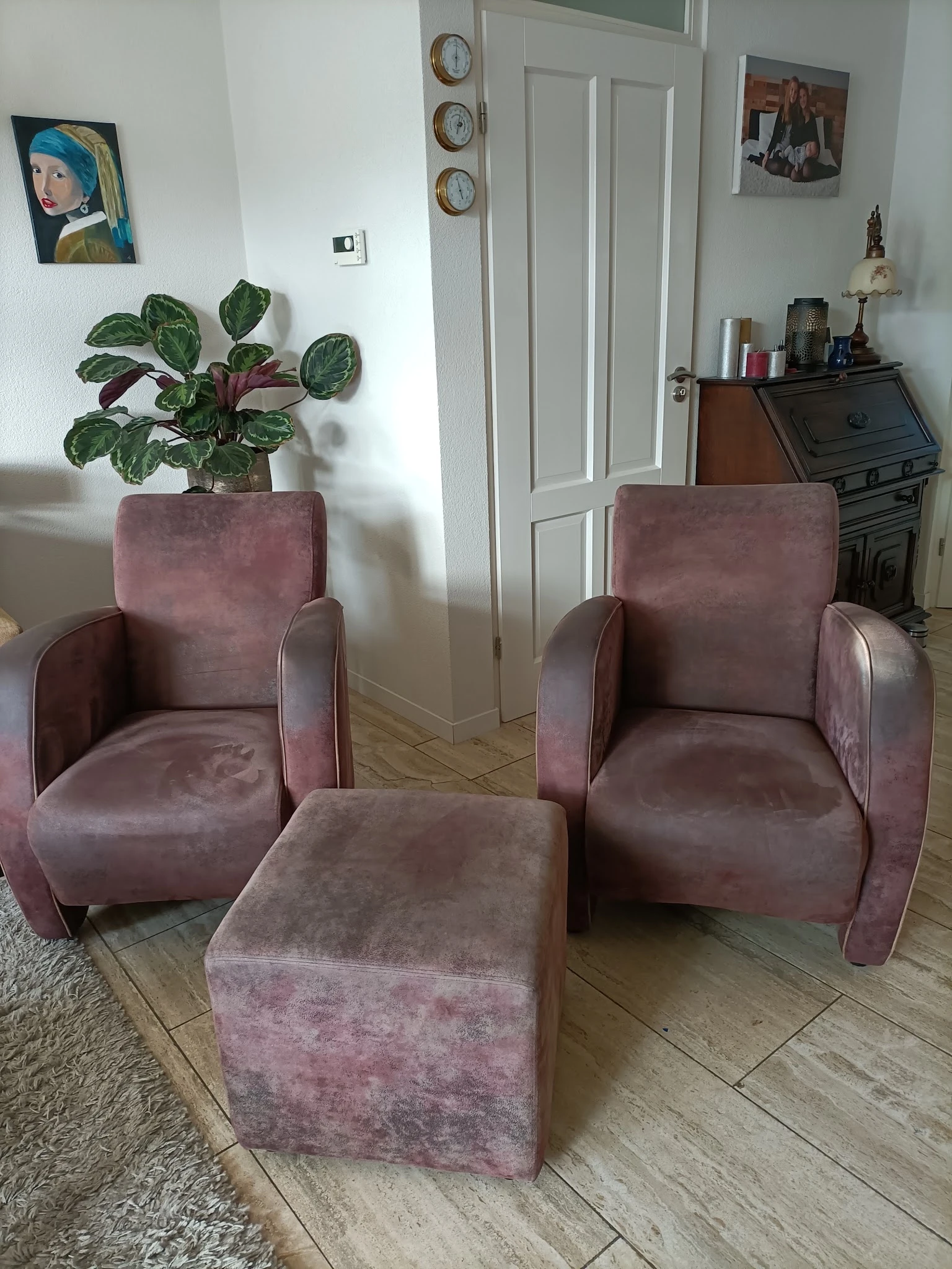 Twee roze/mauve fluweelachtige fauteuils met voetenbankje en een plant op de achtergrond