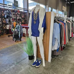 Rekken met tweedehands kleding en een display met blauwe jurk en witte cardigan