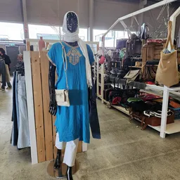Etalage met tweedehands kleding op mannequin, waaronder een blauw kleed, en diverse kledingstukken op rekken en in bakken