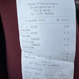 Kassabon van kringloopwinkel RataPlan Wormer met artikelen en prijzen