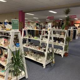 Winkelvloer met witte stellingen vol kleine huishoudartikelen, decoraties en accessoires; groen plantje en verlichting zichtb