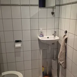 Witte tegelmuur met wastafel, toiletpapierhouder, zeeppomp en handdoek in een badkamer