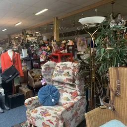 Winkelvloer met meubels, kleding, huishoudspullen, planten en decoraties uitgestald