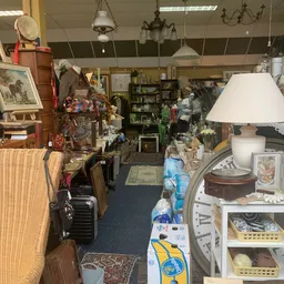 Binnenaanzicht van kringloopwinkel met diverse meubels, lampen, decoratie en huishoudelijke artikelen op stellingen en tafels