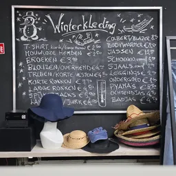 Krijttekening menukaart met winterkleding en prijzen op zwart bord, met wintekaccessoires eronder