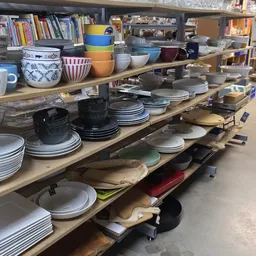 Stellingen met servies, borden, kommen en kopjes in verschillende kleuren en stijlen