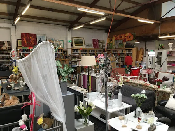 Winkelvloer van kringloopwinkel met boekenkasten, diverse meubels, bloemen in vazen, lampen en decoratieve artikelen