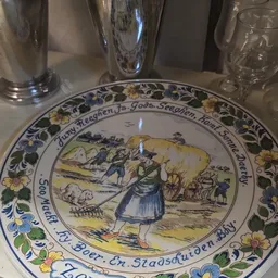Decoratief bord met blauw-wit en geel design, voorstellende een landelijke tafereel met figuren