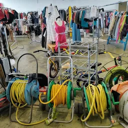 Winkelvloer met sieraden, elektrische kabels op krullen en kledingrekken met tweedehands kleding op de achtergrond