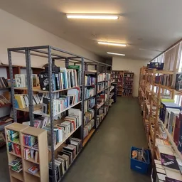 Boekenrekken en stellingen met tweedehands boeken en media in de winkelruimte