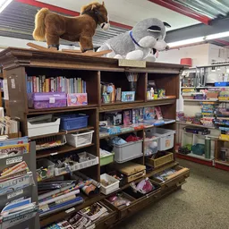Bruine houten boekenkast met boeken, speelgoed en andere tweedehands spullen in een kringloopwinkel