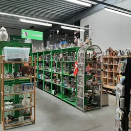 Winkelvloer met groene stellingen vol decoratieartikelen, beeldjes en huishoudspullen