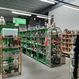 Winkelinterieur met groene stellingen vol verzamelaars- en decoratieartikelen, zoals beeldjes, servies en curiosa