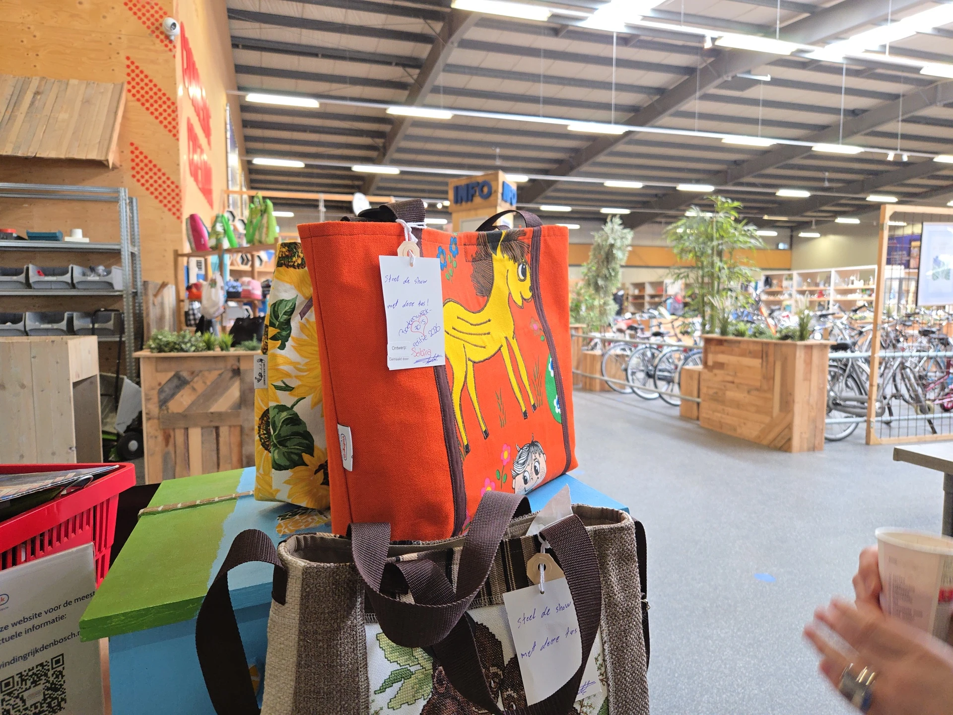 Winkelvloer van kringloopwinkel met verschillende afdelingen, stellingen met spullen, planten en decoratieve items uitgestald