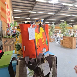 Winkelvloer van kringloopwinkel met verschillende afdelingen, stellingen met spullen, planten en decoratieve items uitgestald