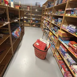 Winkelvloer met winkelmandje tussen boekenrekken vol dvd's en bordspellen